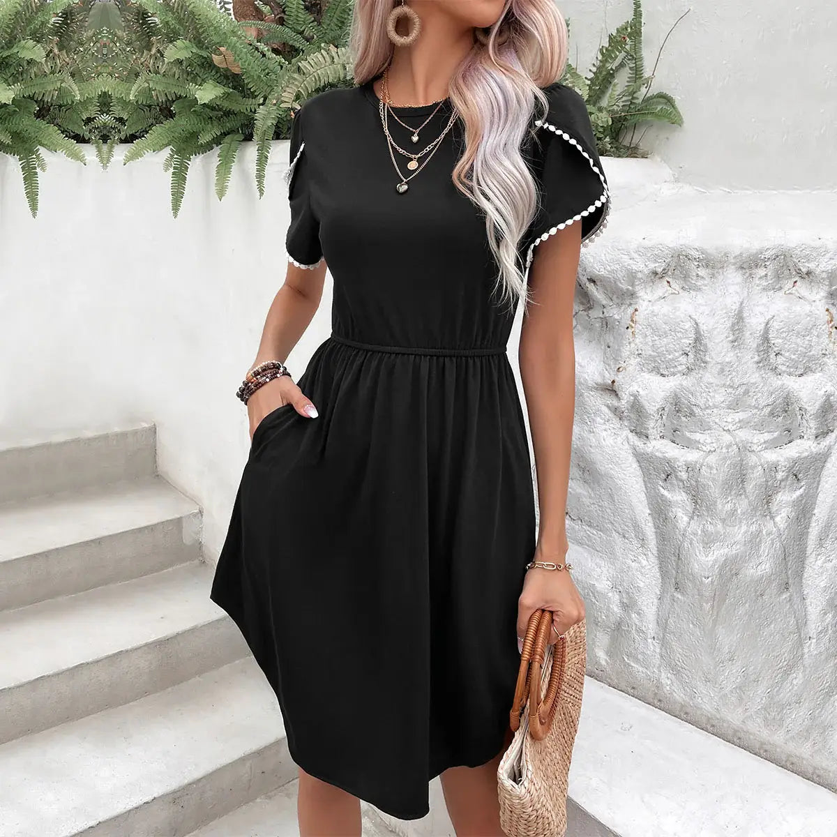 Round Neck Petal Sleeve Dress with Pockets - Trendsi - Flyclothing LLC