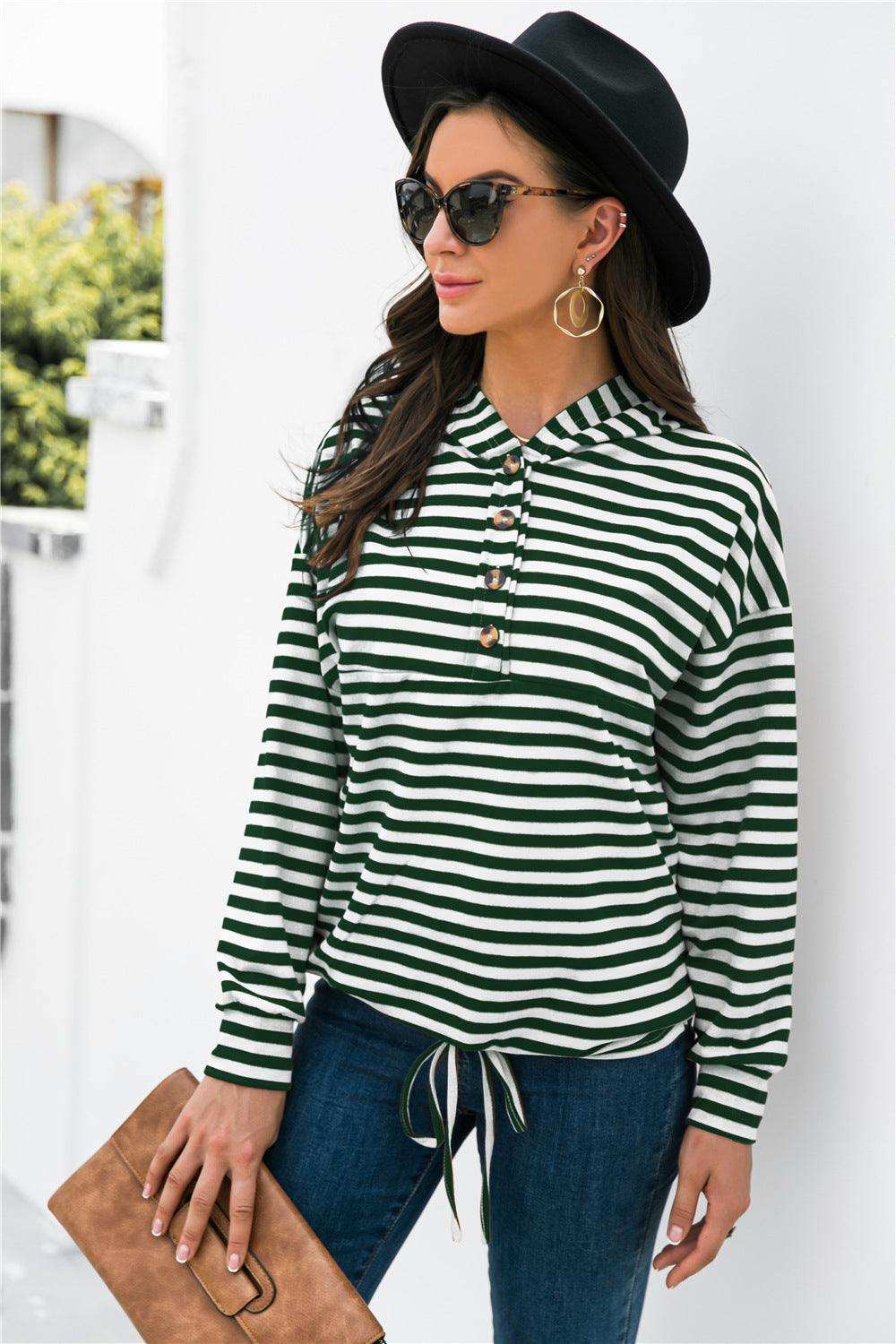 Striped Half-Button Dropped Shoulder Hoodie - Trendsi - Flyclothing LLC