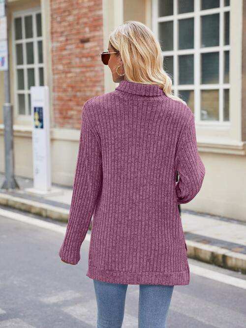 Ribbed Turtleneck Long Sleeve Slit Knit Top - Trendsi - Flyclothing LLC