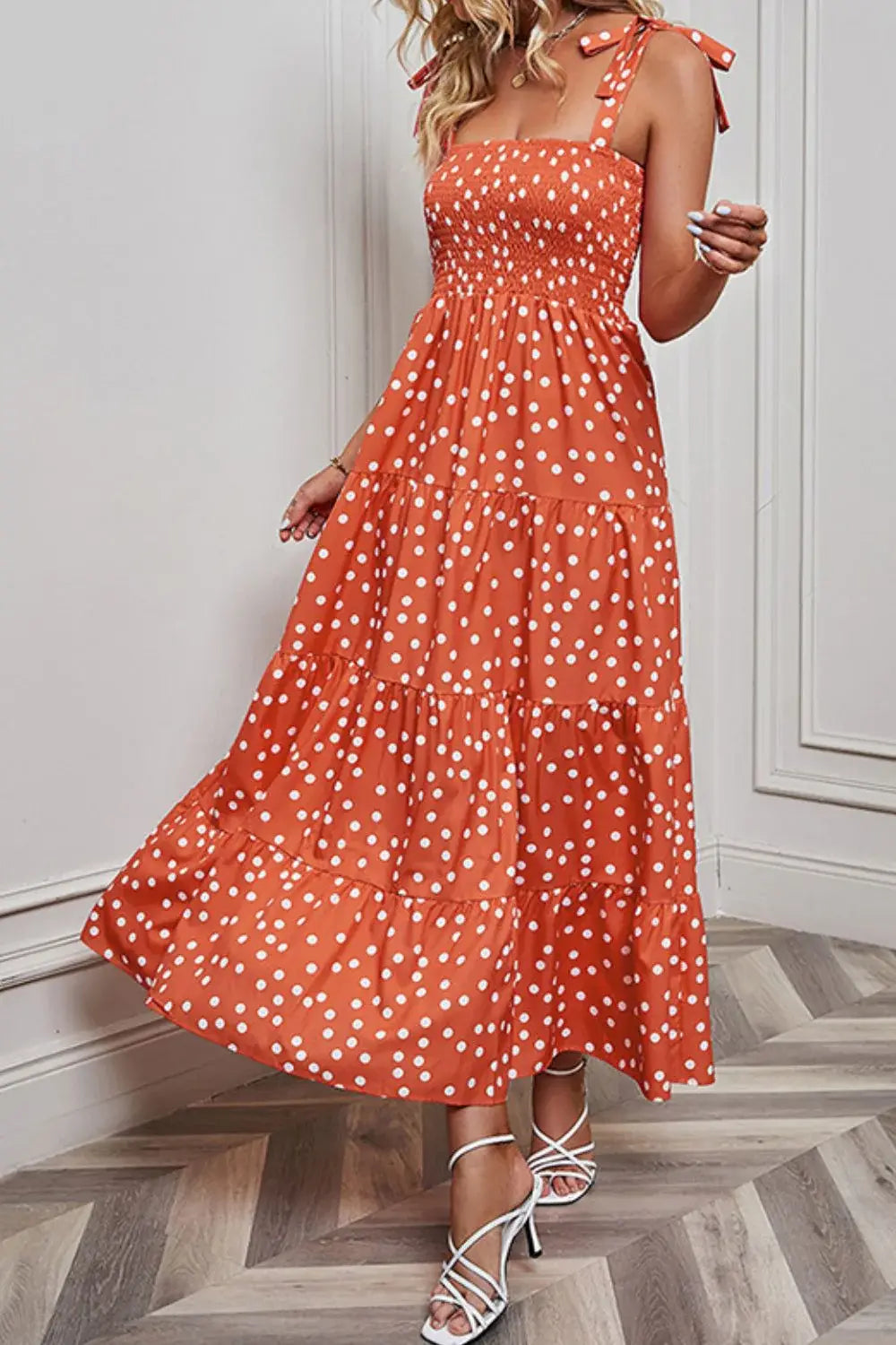 Polka Dot Smocked Tiered Sleeveless Dress - Trendsi - Flyclothing LLC