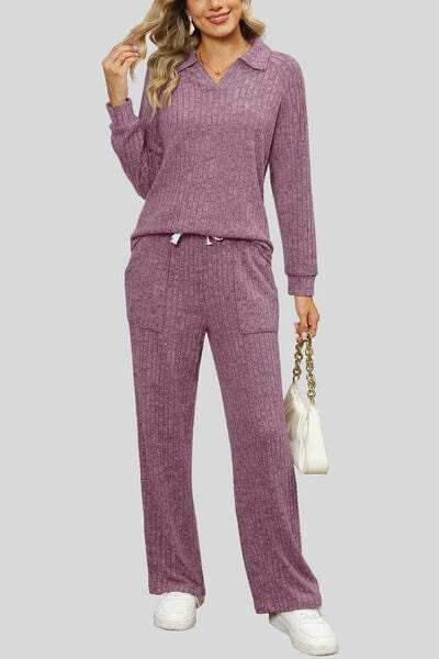 Ribbed Long Sleeve Top and Pocketed Pants Set - Trendsi - Flyclothing LLC