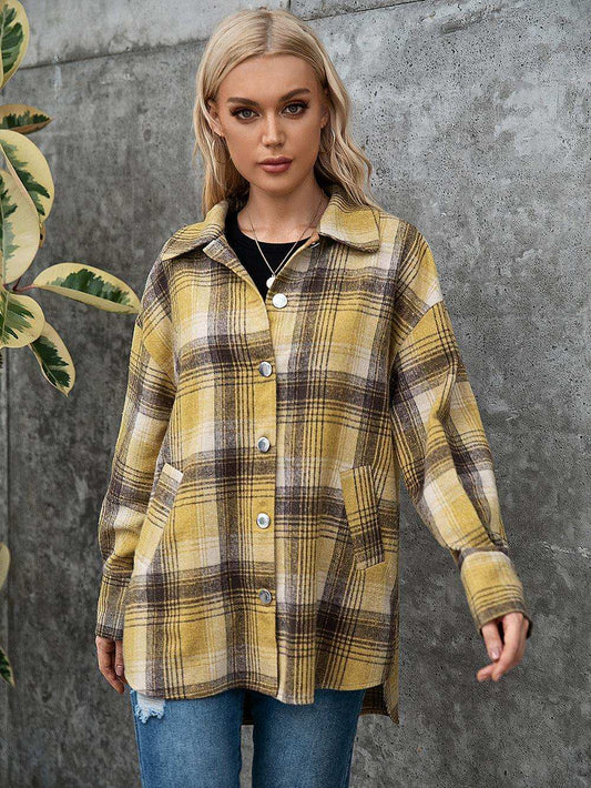Plaid Collared Neck Long Sleeve Shirt - Trendsi - Flyclothing LLC