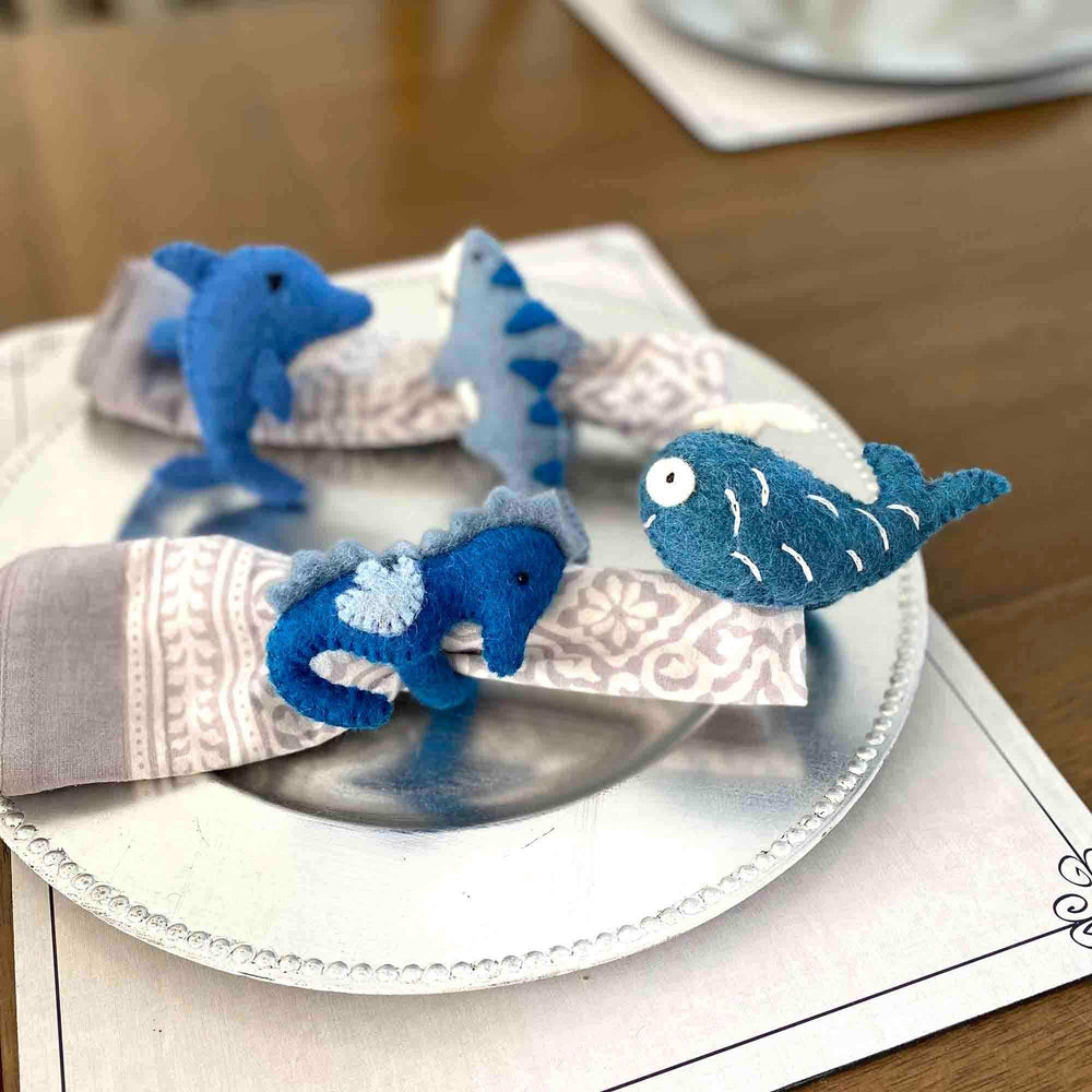 Nautical Shark, Whale & Seahorse Felt Napkin Rings, Set of 4 - Global Groove Direct - Flyclothing LLC