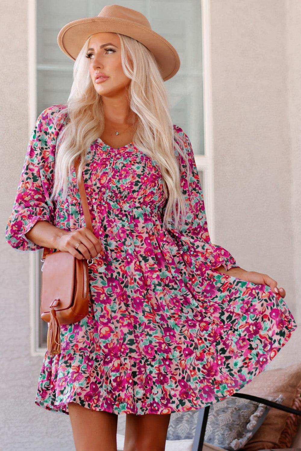 Floral Smocked V-Neck Flounce Sleeve Dress - Trendsi - Flyclothing LLC