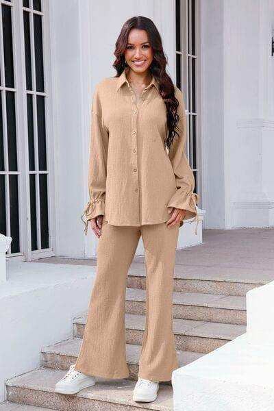 Drawstring Flounce Sleeve Shirt and Pants Set - Trendsi - Flyclothing LLC