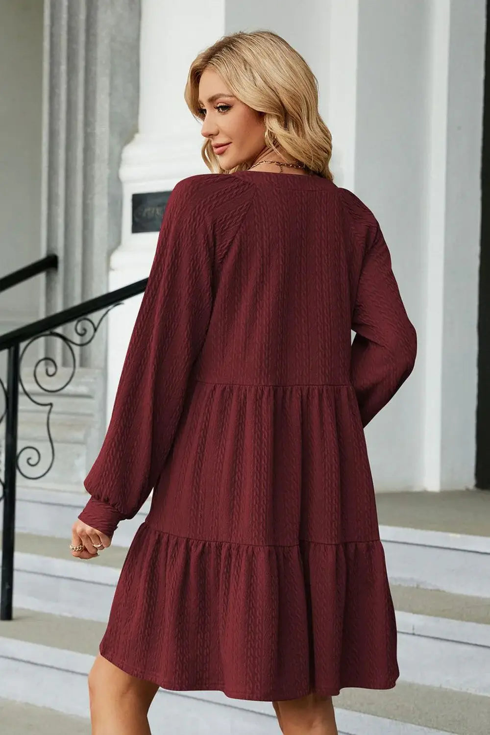 Notched Neck Long Sleeve Mini Dress - Trendsi - Flyclothing LLC