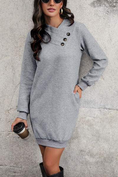 Textured Decorative Button Mini Dress - Trendsi - Flyclothing LLC