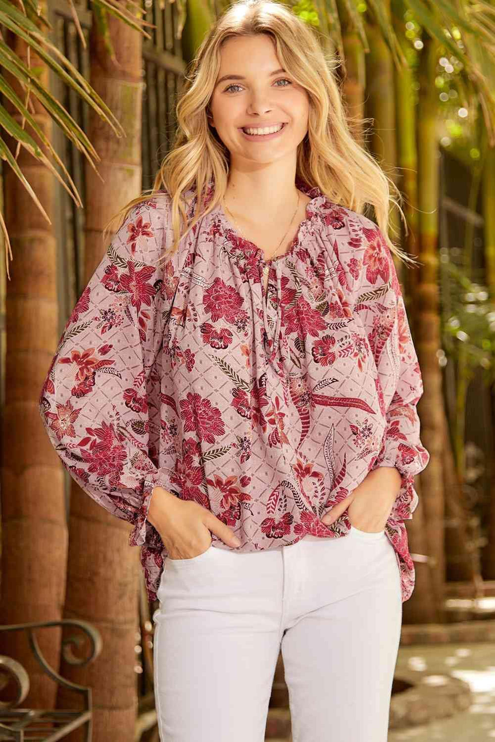 Floral Tie Neck Flounce Sleeve Blouse - Trendsi