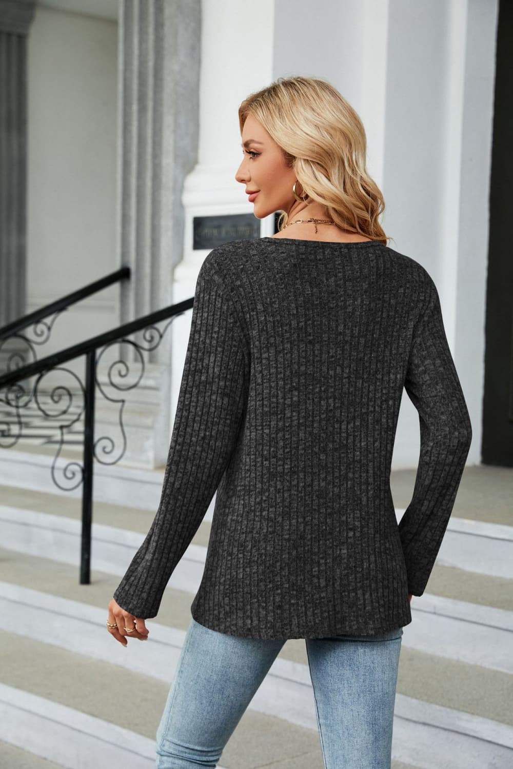Buttoned Long Sleeve Slit Top - Trendsi - Flyclothing LLC
