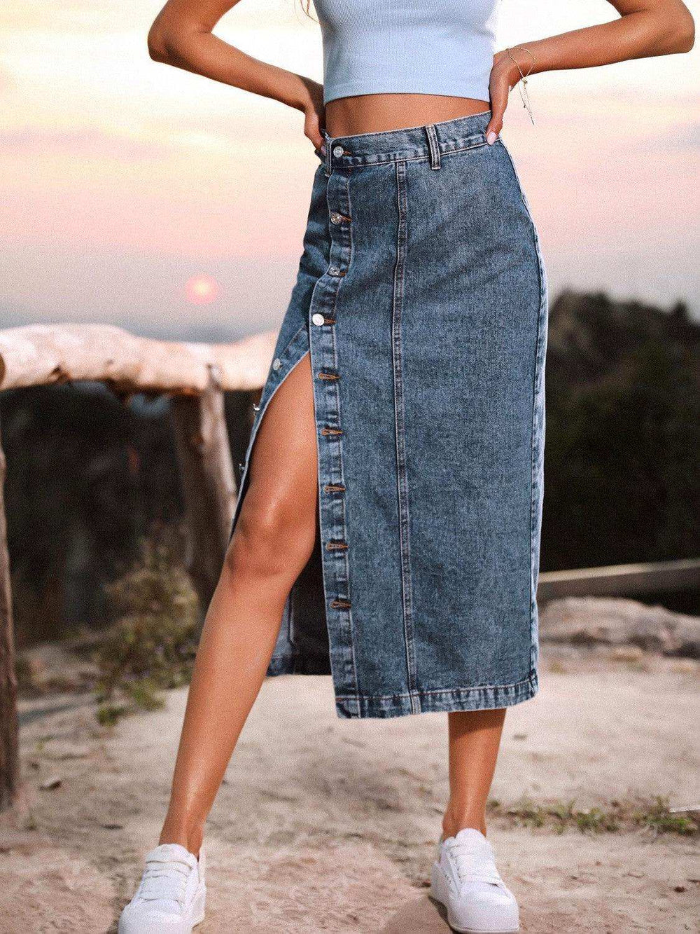 Button Down Denim Skirt - Trendsi - Flyclothing LLC
