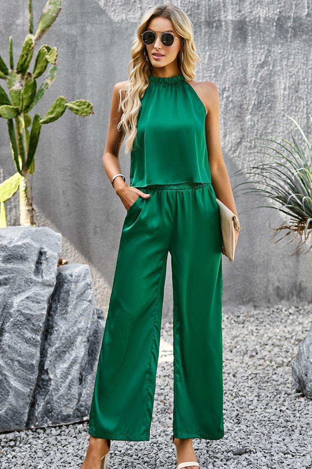 Grecian Neck Sleeveless Pocketed Top and Pants Set - Trendsi - Flyclothing LLC