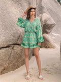 Printed Ruffled Balloon Sleeve Romper - Trendsi - Flyclothing LLC