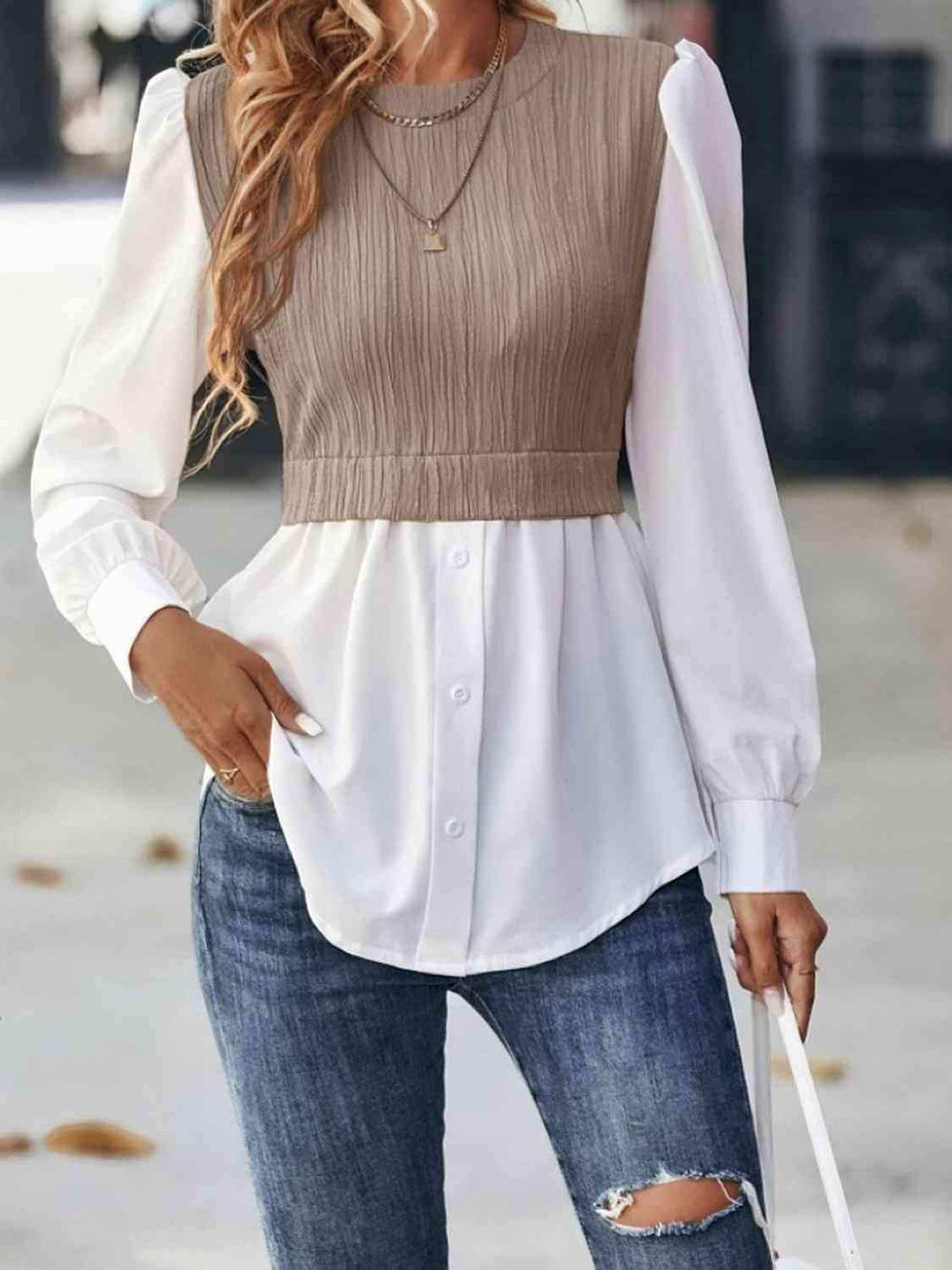Contrast Round Neck Puff Sleeve Blouse - Trendsi - Flyclothing LLC