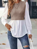 Contrast Round Neck Puff Sleeve Blouse - Trendsi - Flyclothing LLC