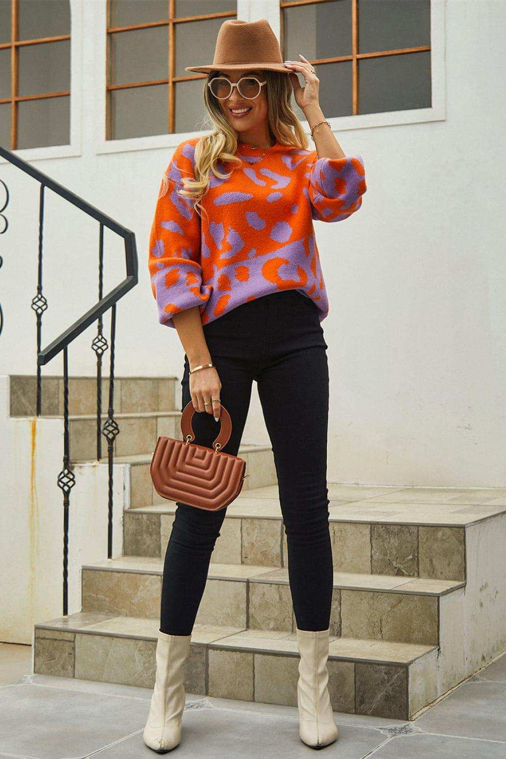 Leopard Round Neck Dropped Shoulder Sweater - Trendsi - Flyclothing LLC