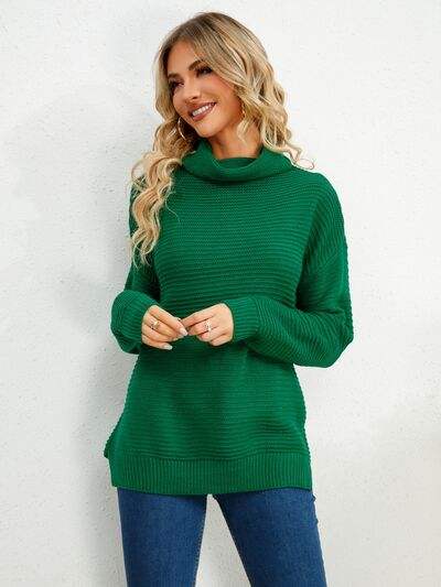 Slit Turtleneck Dropped Shoulder Sweater - Trendsi - Flyclothing LLC