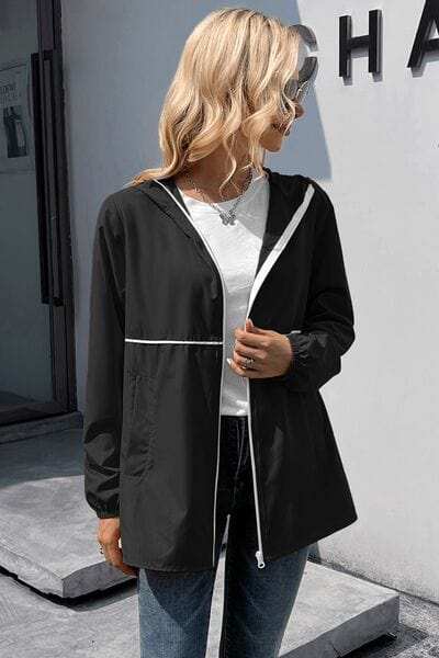 Zip Up Long Sleeve Hooded Watertight Jacket - Trendsi - Flyclothing LLC