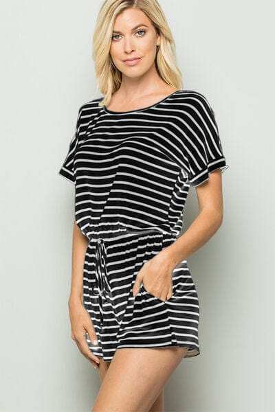 Heimish Full Size Striped Round Neck Short Sleeve Romper - Trendsi - Flyclothing LLC