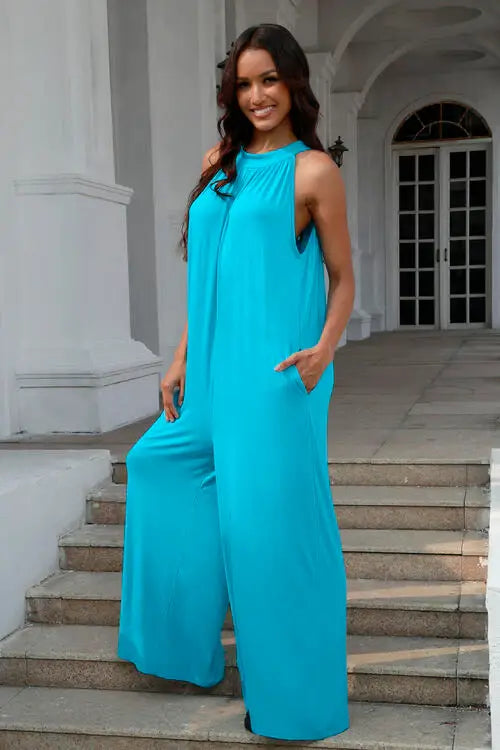 Double Take Full Size Tie Back Cutout Sleeveless Jumpsuit - Trendsi - Flyclothing LLC