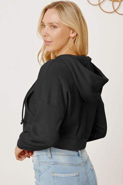 Waffle-Knit Drawstring Zip Up Hoodie - Trendsi - Flyclothing LLC