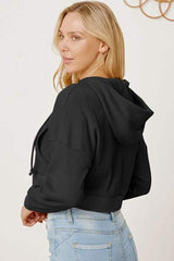 Waffle-Knit Drawstring Zip Up Hoodie - Trendsi - Flyclothing LLC