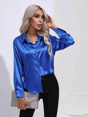 Collared Neck Buttoned Long Sleeve Shirt - Trendsi