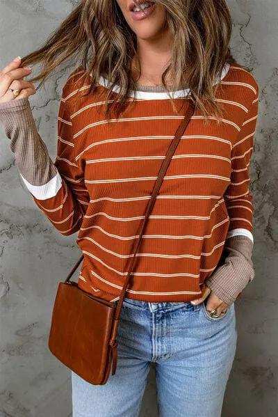 Striped Round Neck Long Sleeve T-Shirt - Trendsi - Flyclothing LLC