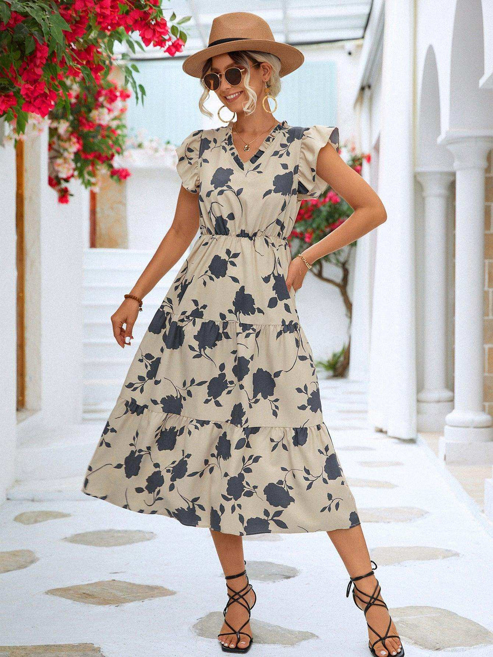 Floral Frill Trim V-Neck Tiered Midi Dress - Trendsi - Flyclothing LLC
