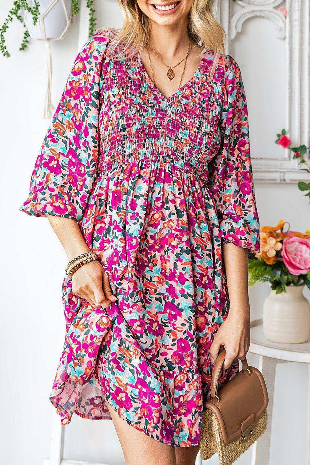 Floral Smocked V-Neck Flounce Sleeve Dress - Trendsi - Flyclothing LLC