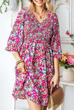Floral Smocked V-Neck Flounce Sleeve Dress - Trendsi