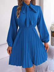 Tie Neck Balloon Sleeve Pleated Dress - Trendsi