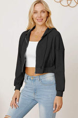 Waffle-Knit Drawstring Zip Up Hoodie - Trendsi - Flyclothing LLC
