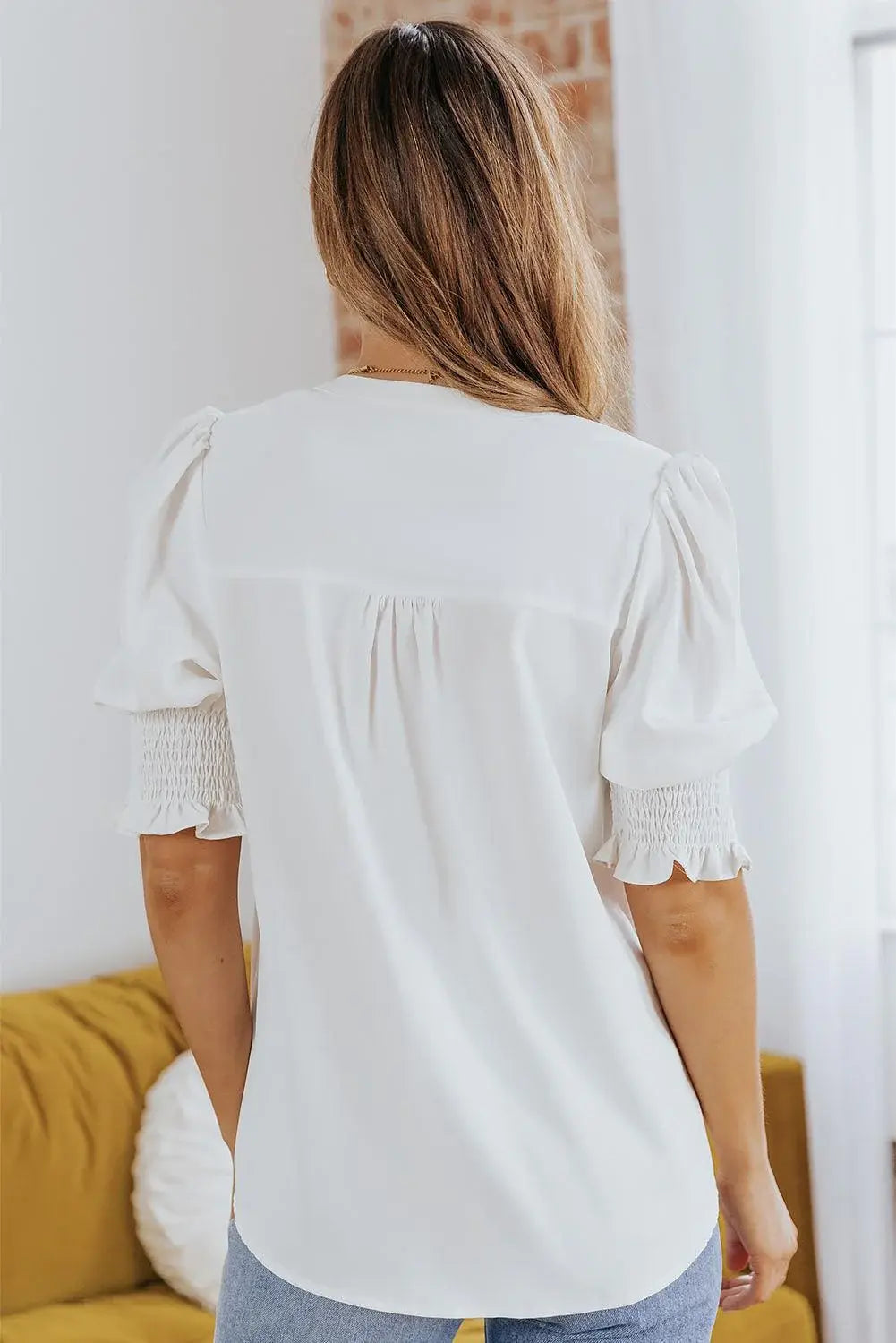 Smocked Flounce Sleeve Notched Neck Blouse - Trendsi - Flyclothing LLC