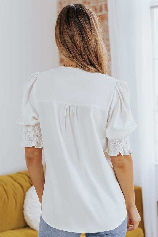 Smocked Flounce Sleeve Notched Neck Blouse - Trendsi - Flyclothing LLC