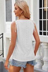 Eyelet Round Neck Wide Strap Tank - Trendsi - Flyclothing LLC