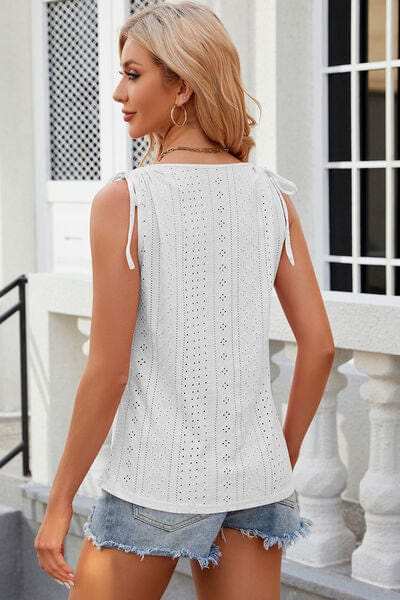Eyelet Round Neck Wide Strap Tank - Trendsi - Flyclothing LLC