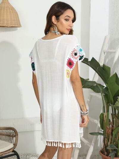 Tassel Boat Neck Flutter Sleeve Cover Up - Trendsi - Flyclothing LLC