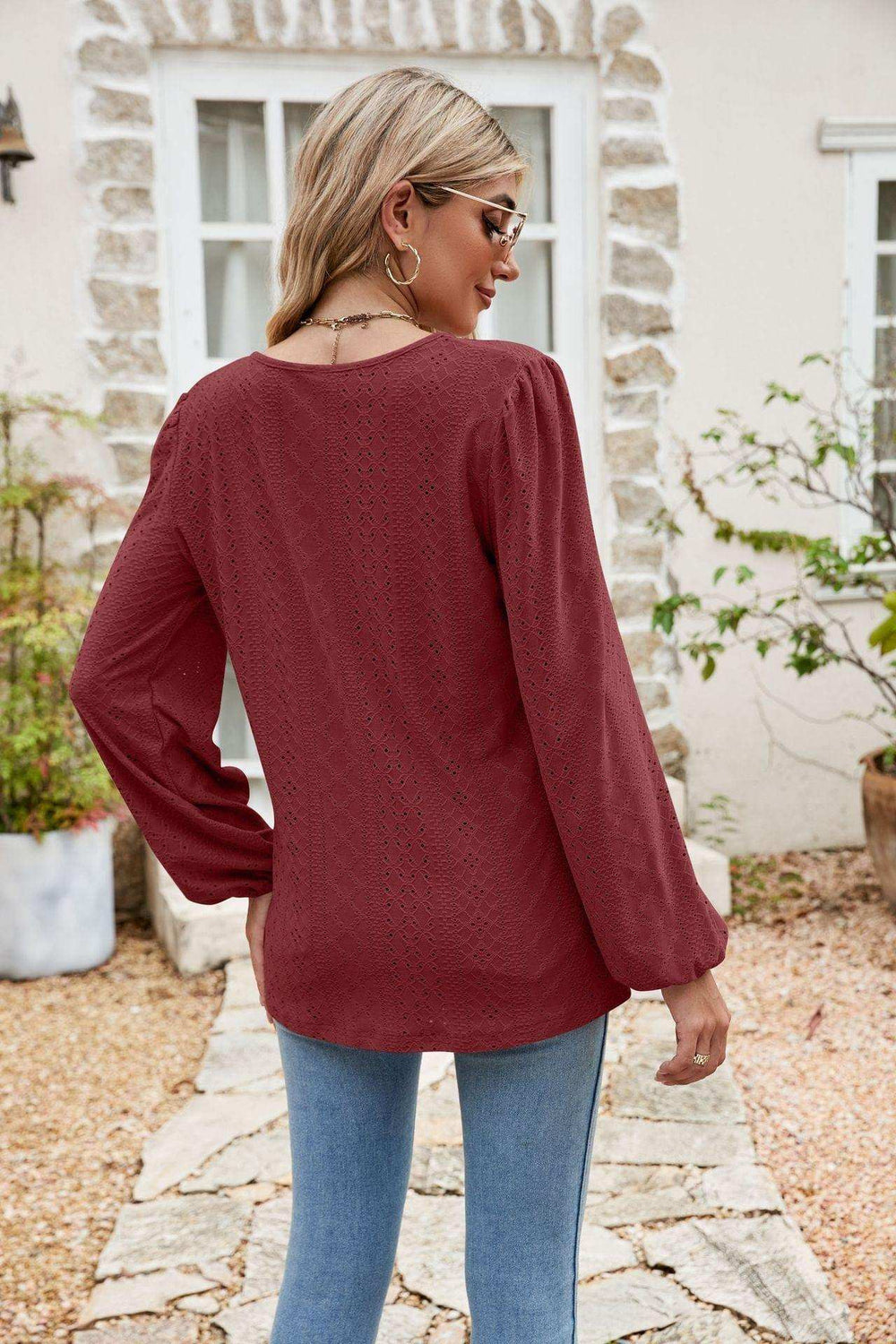 Eyelet Notched Neck Balloon Sleeve Blouse - Trendsi - Flyclothing LLC