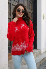 Reindeer & Snow Pattern Turtle Neck Pullover Sweater - Trendsi - Flyclothing LLC
