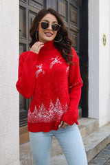 Reindeer & Snow Pattern Turtle Neck Pullover Sweater - Trendsi
