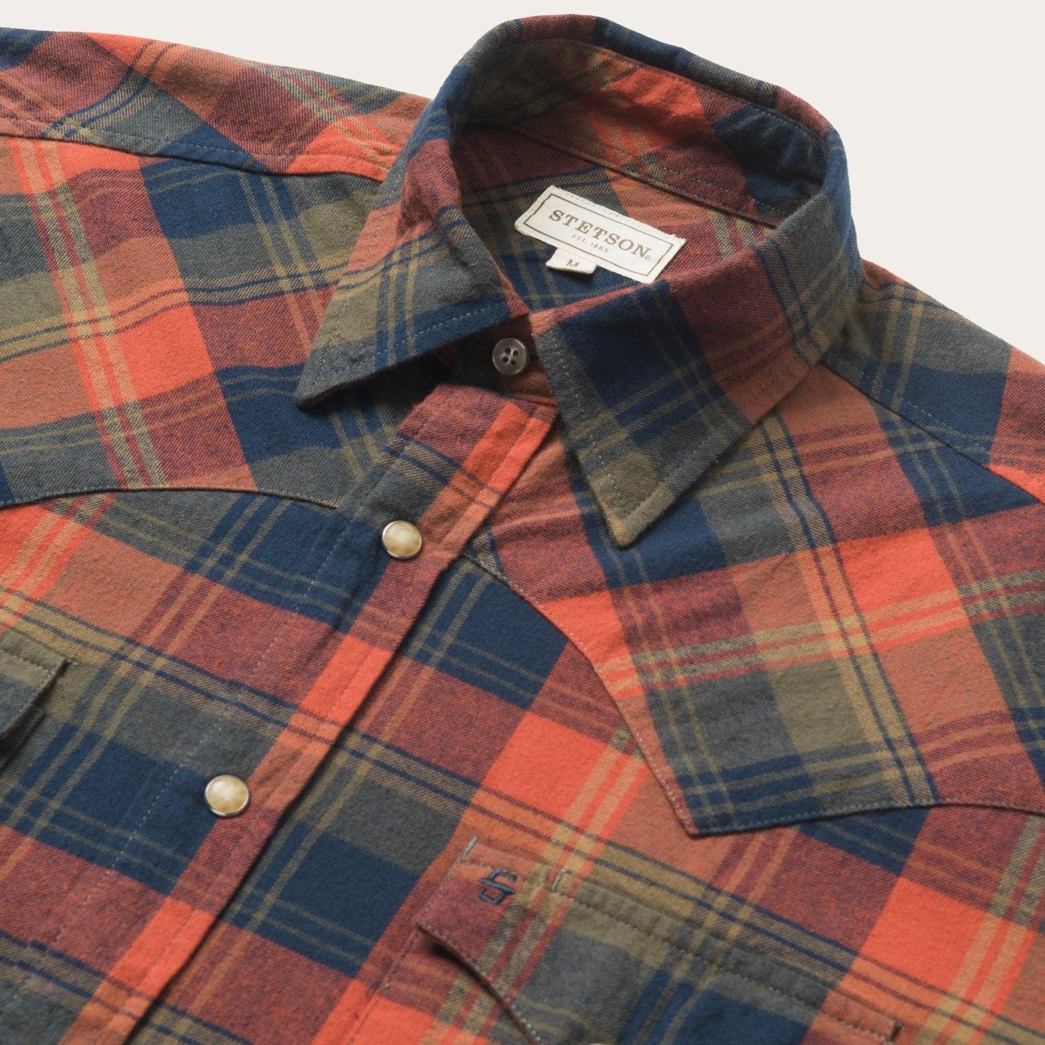 Stetson Classic Flannel Western Shirt in Orange and Blue Plaid - Flyclothing LLC