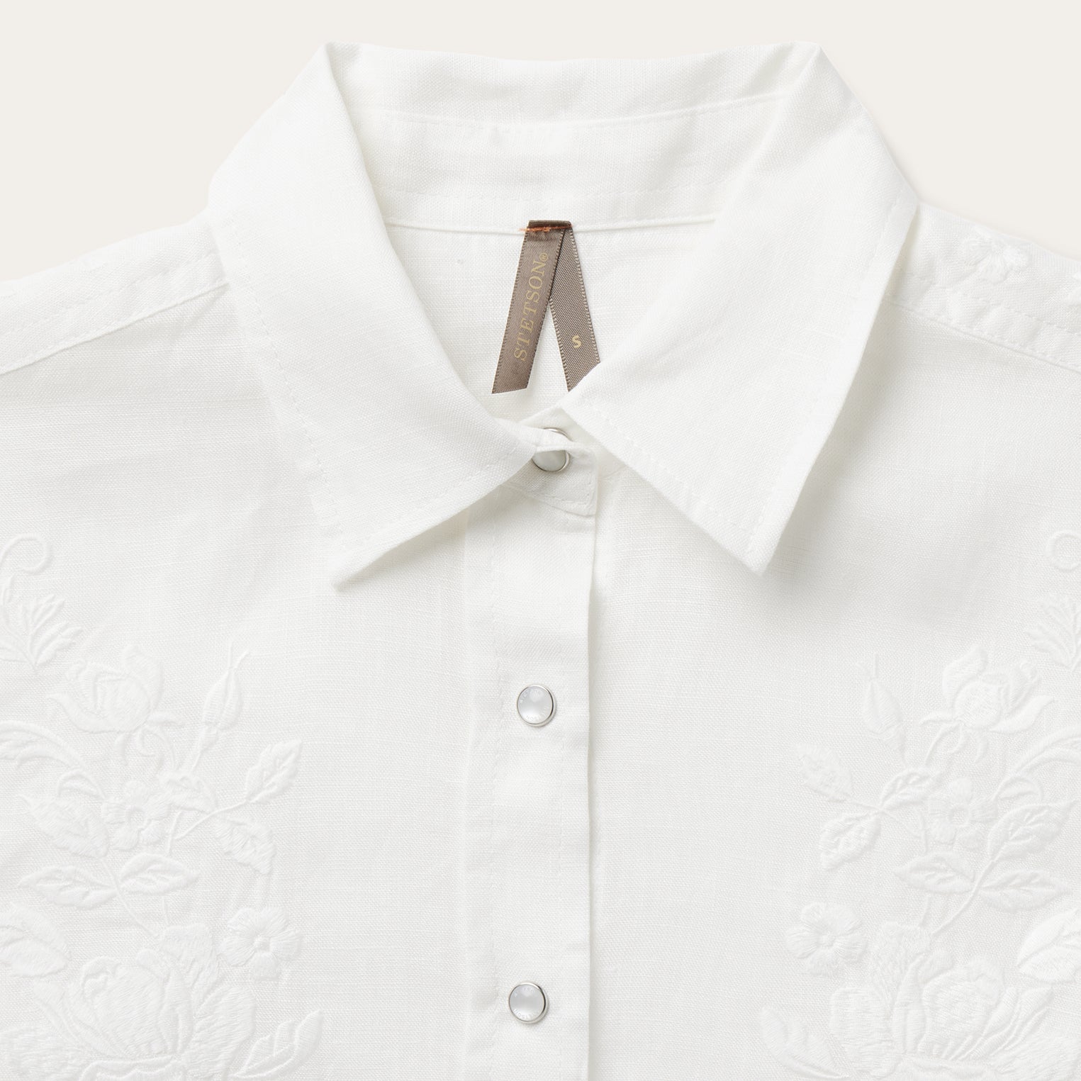 Stetson Embroidered White Tonal Stripe Linen Blouse