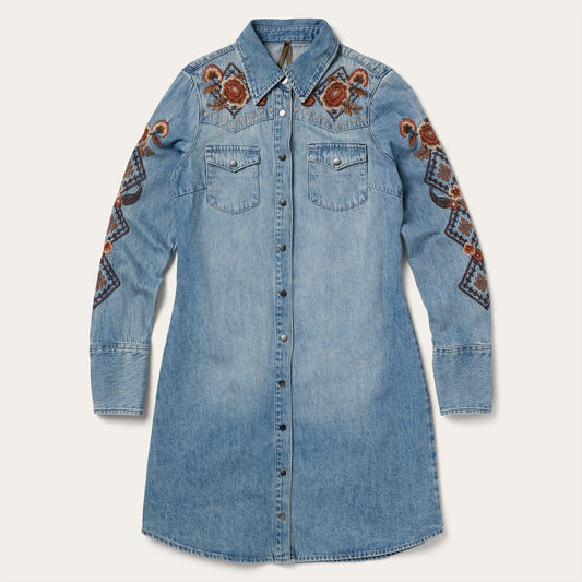 Stetson Floral Embroidered Denim Shirt Dress