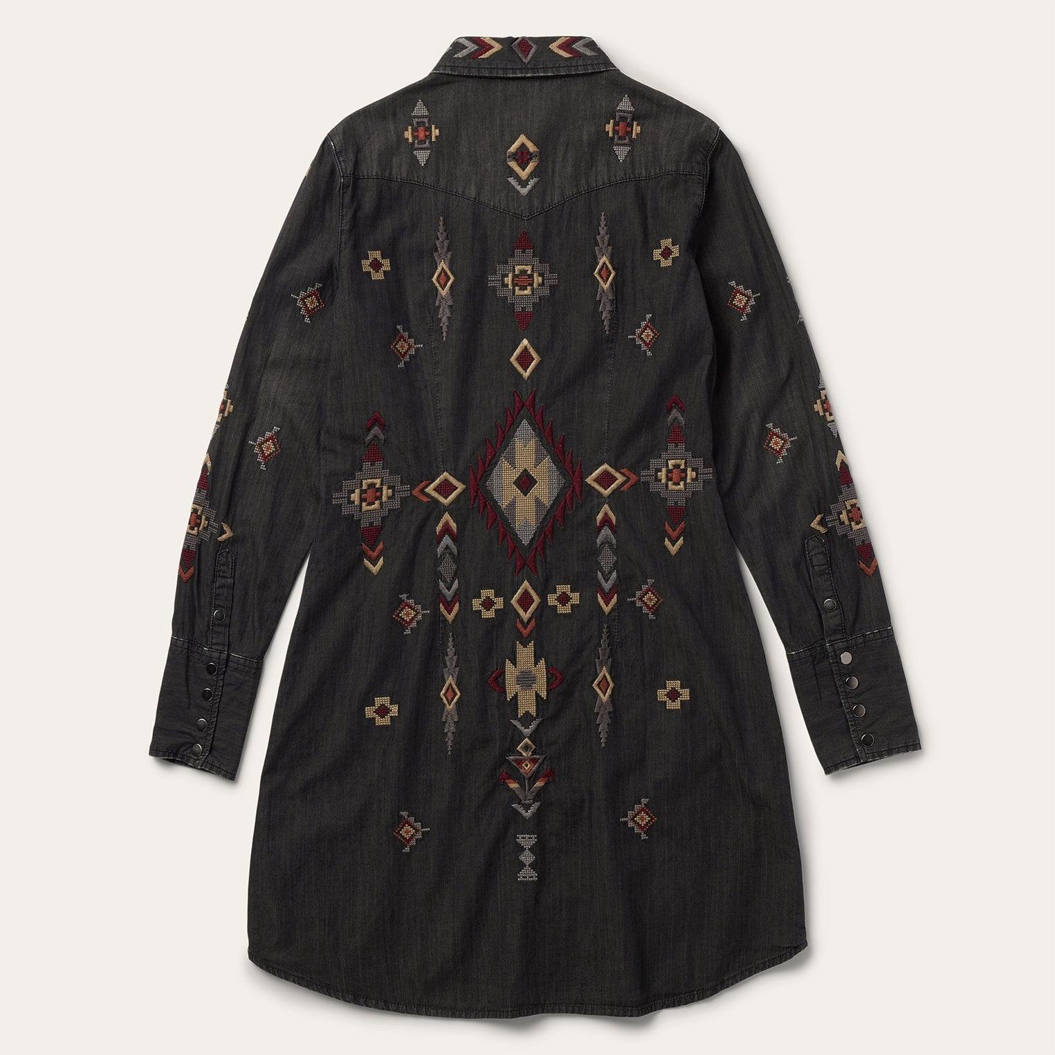 Stetson Embroidered Black Denim Shirt Dress - Flyclothing LLC