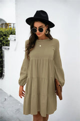 Balloon Sleeve Keyhole Tiered Dress - Trendsi - Flyclothing LLC