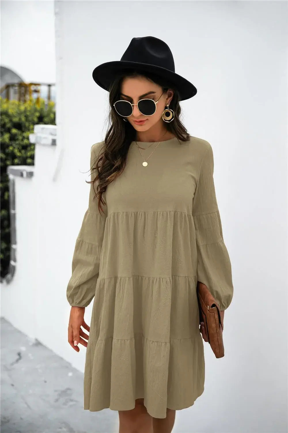 Balloon Sleeve Keyhole Tiered Dress - Trendsi - Flyclothing LLC