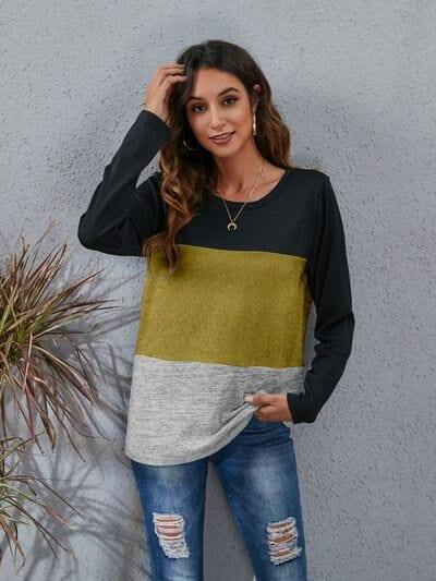 Color Block Round Neck Long Sleeve T-Shirt - Trendsi