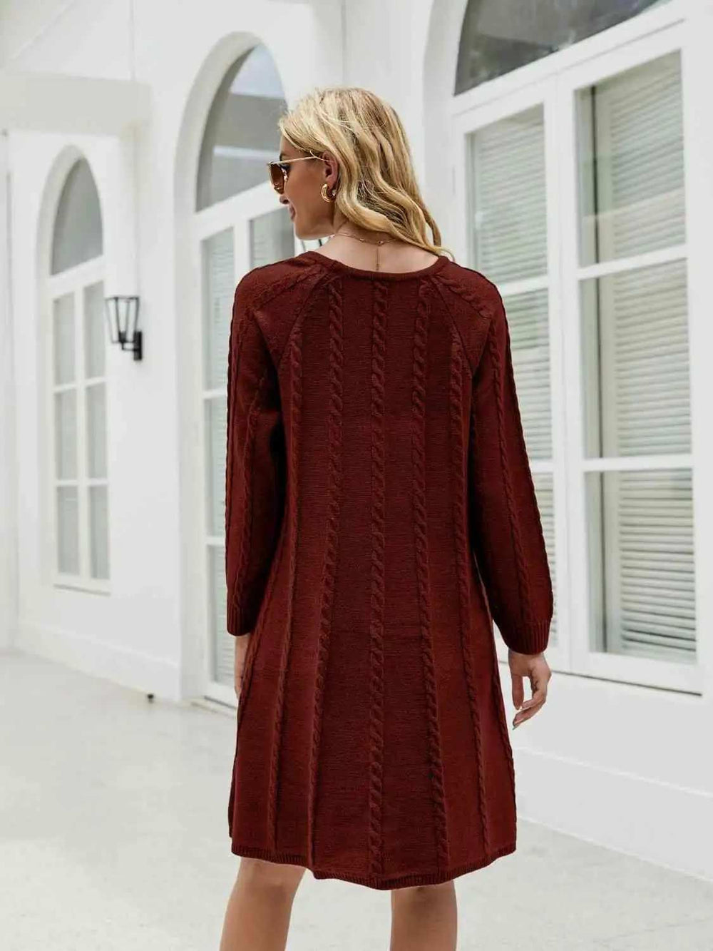 Cable-Knit Long Sleeve Sweater Dress - Trendsi - Flyclothing LLC