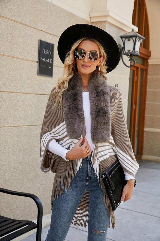 Striped Fringe Detail Long Sleeve Poncho - Trendsi - Flyclothing LLC