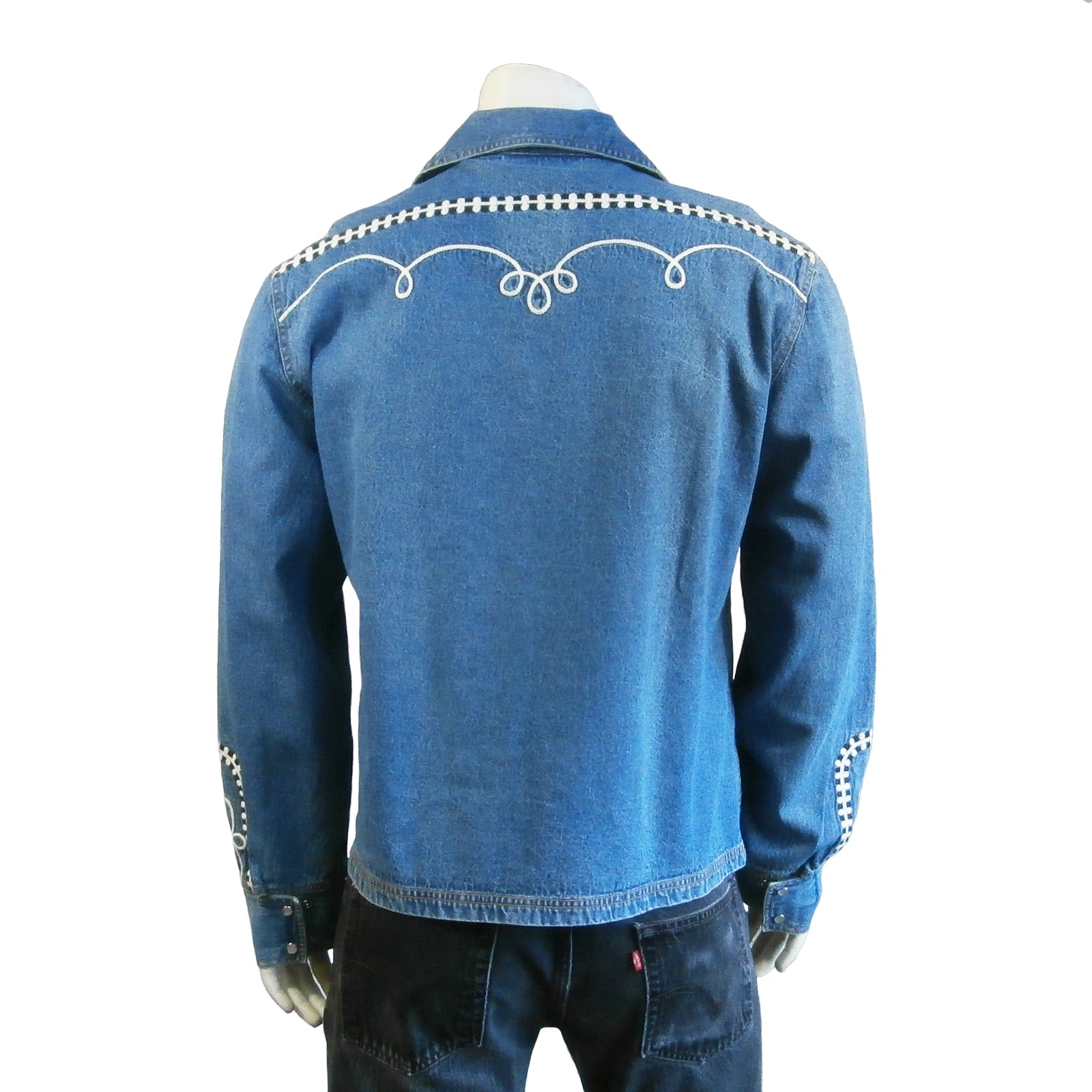 Rockmount Clothing Men's Vintage Western Denim Bolero Jacket with White Rope Embroidery